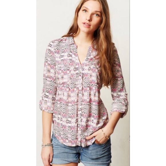 Anthropologie Islet Geometric Women's Blouse Top Shirt Maeve Pink S Button-down - Picture 1 of 5